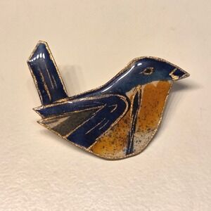 Vintage Artisan Bird Pin Brooch Blue Orange Handmade Handcrafted Bluejay